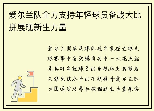 爱尔兰队全力支持年轻球员备战大比拼展现新生力量 爱尔兰队全力支持年轻球员备战大比拼展现新生力量