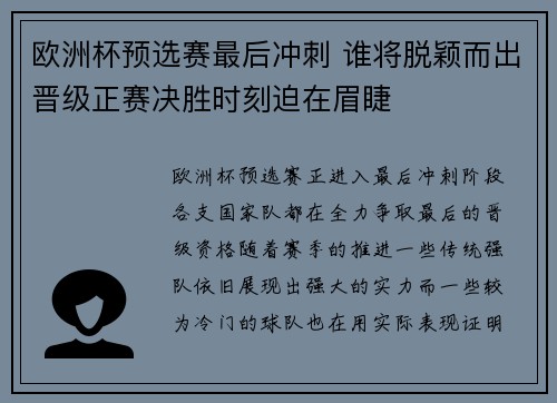 欧洲杯预选赛最后冲刺 谁将脱颖而出晋级正赛决胜时刻迫在眉睫 欧洲杯预选赛最后冲刺 谁将脱颖而出晋级正赛决胜时刻迫在眉睫